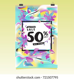 Vector autumn sale poster template with lettering. Bright fall leaves. brochure, card, label, banner design. Bright commercial background design. 
