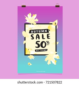 Vector autumn sale poster template with lettering. Bright fall leaves. brochure, card, label, banner design. Bright commercial background design. 