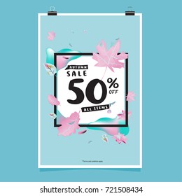 Vector autumn sale poster template with lettering. Bright fall leaves. brochure, card, label, banner design. Bright commercial background design. 