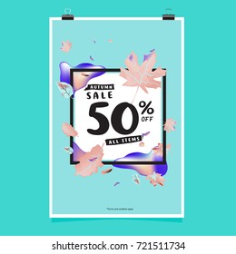 Vector autumn sale poster template with lettering. Bright fall leaves. brochure, card, label, banner design. Bright commercial background design. 