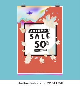 Vector autumn sale poster template with lettering. Bright fall leaves. brochure, card, label, banner design. Bright commercial background design. 