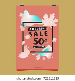 Vector autumn sale poster template with lettering. Bright fall leaves. brochure, card, label, banner design. Bright commercial background design. 