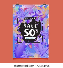 Vector autumn sale poster template with lettering. Bright fall leaves. brochure, card, label, banner design. Bright commercial background design. 