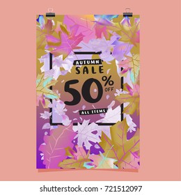 Vector autumn sale poster template with lettering. Bright fall leaves. brochure, card, label, banner design. Bright commercial background design. 