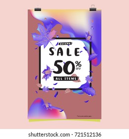 Vector autumn sale poster template with lettering. Bright fall leaves. brochure, card, label, banner design. Bright commercial background design. 