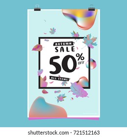 Vector autumn sale poster template with lettering. Bright fall leaves. brochure, card, label, banner design. Bright commercial background design. 