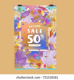 Vector autumn sale poster template with lettering. Bright fall leaves. brochure, card, label, banner design. Bright commercial background design. 