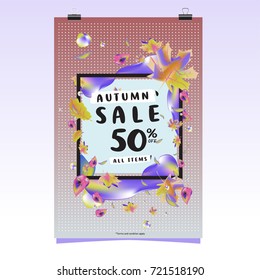 Vector autumn sale poster template with lettering. Bright fall leaves. brochure, card, label, banner design. Bright commercial background design. 