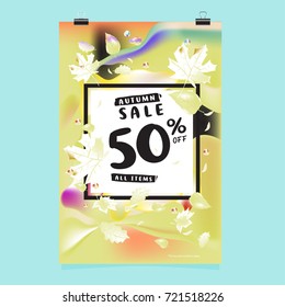 Vector autumn sale poster template with lettering. Bright fall leaves. brochure, card, label, banner design. Bright commercial background design. 