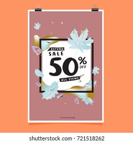 Vector autumn sale poster template with lettering. Bright fall leaves. brochure, card, label, banner design. Bright commercial background design. 