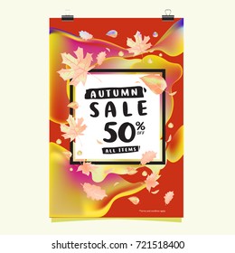 Vector autumn sale poster template with lettering. Bright fall leaves. brochure, card, label, banner design. Bright commercial background design. 