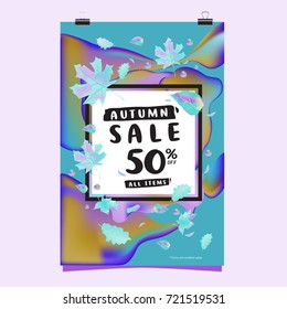 Vector autumn sale poster template with lettering. Bright fall leaves. brochure, card, label, banner design. Bright commercial background design. 