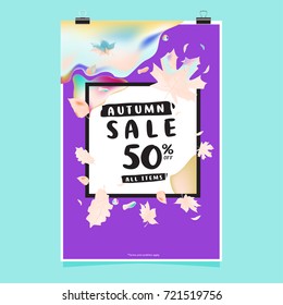 Vector autumn sale poster template with lettering. Bright fall leaves. brochure, card, label, banner design. Bright commercial background design. 