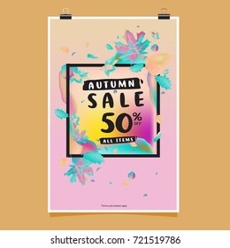 Vector autumn sale poster template with lettering. Bright fall leaves. brochure, card, label, banner design. Bright commercial background design. 