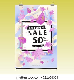 Vector autumn sale poster template with lettering. Bright fall leaves. brochure, card, label, banner design. Bright commercial background design. 