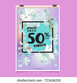 Vector autumn sale poster template with lettering. Bright fall leaves. brochure, card, label, banner design. Bright commercial background design. 