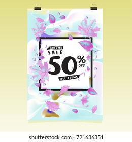 Vector autumn sale poster template with lettering. Bright fall leaves. brochure, card, label, banner design. Bright commercial background design. 