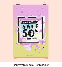 Vector autumn sale poster template with lettering. Bright fall leaves. brochure, card, label, banner design. Bright commercial background design. 