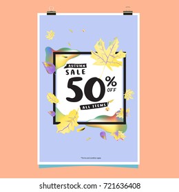 Vector autumn sale poster template with lettering. Bright fall leaves. brochure, card, label, banner design. Bright commercial background design. 