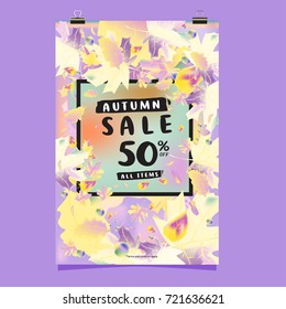 Vector autumn sale poster template with lettering. Bright fall leaves. brochure, card, label, banner design. Bright commercial background design. 