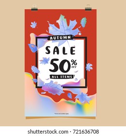 Vector autumn sale poster template with lettering. Bright fall leaves. brochure, card, label, banner design. Bright commercial background design. 