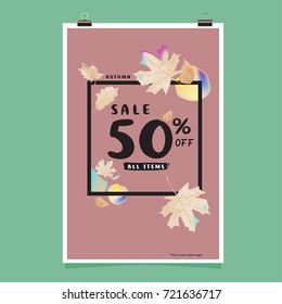 Vector autumn sale poster template with lettering. Bright fall leaves. brochure, card, label, banner design. Bright commercial background design. 