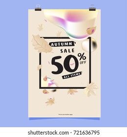 Vector autumn sale poster template with lettering. Bright fall leaves. brochure, card, label, banner design. Bright commercial background design. 