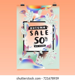 Vector autumn sale poster template with lettering. Bright fall leaves. brochure, card, label, banner design. Bright commercial background design. 