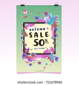 Vector autumn sale poster template with lettering. Bright fall leaves. brochure, card, label, banner design. Bright commercial background design. 