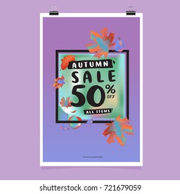 Vector autumn sale poster template with lettering. Bright fall leaves. brochure, card, label, banner design. Bright commercial background design. 