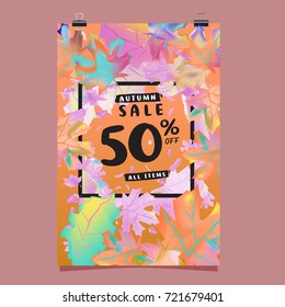 Vector autumn sale poster template with lettering. Bright fall leaves. brochure, card, label, banner design. Bright commercial background design. 