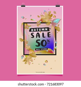 Vector autumn sale poster template with lettering. Bright fall leaves. brochure, card, label, banner design. Bright commercial background design. 