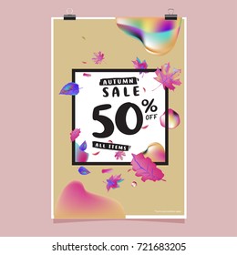 Vector autumn sale poster template with lettering. Bright fall leaves. brochure, card, label, banner design. Bright commercial background design. 