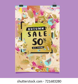 Vector autumn sale poster template with lettering. Bright fall leaves. brochure, card, label, banner design. Bright commercial background design. 