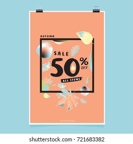 Vector autumn sale poster template with lettering. Bright fall leaves. brochure, card, label, banner design. Bright commercial background design. 