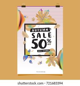 Vector autumn sale poster template with lettering. Bright fall leaves. brochure, card, label, banner design. Bright commercial background design. 