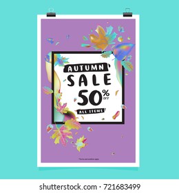 Vector autumn sale poster template with lettering. Bright fall leaves. brochure, card, label, banner design. Bright commercial background design. 