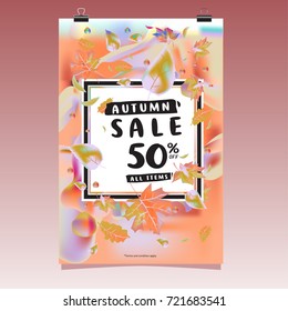 Vector autumn sale poster template with lettering. Bright fall leaves. brochure, card, label, banner design. Bright commercial background design. 