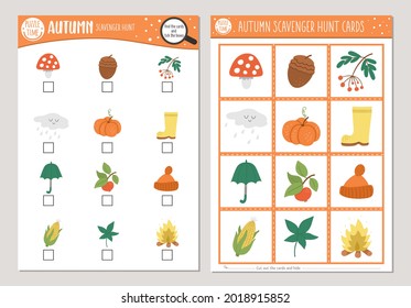 Vector Autumn scavenger hunt cards set. Seek and find game with cute pumpkin, mushroom, umbrella for kids. Fall seasonal searching activity. Simple educational printable worksheet.
