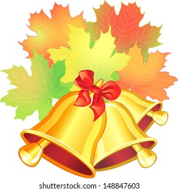 Vector autumn scene with a red, green, yellow, orange maple leaf and the school bell on the white background
