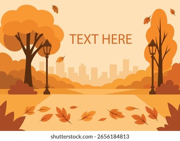 Cena de outono vetorial com árvores, lanternas e folhas caindo no fundo da cidade. Paleta de cores quente, estilo minimalista, muito espaço para texto. Perfeito para postais e banners