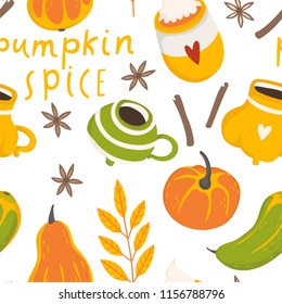 Vector autumn seamles pattern in doodle style with pumpkins and leaves on white background. Gentle, autumn background.