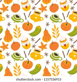 Vector autumn seamles pattern in doodle style with pumpkins and leaves on white background. Gentle, autumn background.