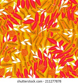 Vector autumn seamless background with pattern of various leaves and branches in bright colors - in red, gold, black, orange, pink, white. Floral print for summer fall or spring fashion