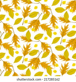 Vector autumn seamless background with pattern of various leaves and branches in organic natural colors. Floral print for summer fall fashion