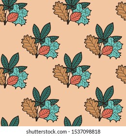 Vector autumn seamless geometric pattern in brown. Simple doodle leaf bouquet hand drawn made into repeat. Great for background, wallpaper, wrapping paper, packaging, fashion.
