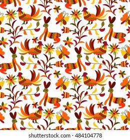 Vector Autumn  Seamless Mexican Otomi Style Bright Pattern