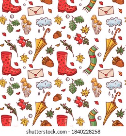 Vector autumn seamless multicolored pattern. White background. Maple leaves, wild rose, envelope, acorn, mushrooms, scarf, rubber boots, cloud, rain. Perfect for printing on fabric, paper.