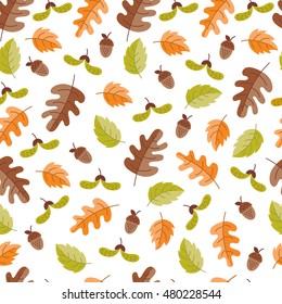 Vector autumn seamless pattern with  acorn, oak  leaves. Autumn elements isolated on white background. Perfect for wallpaper, gift paper, pattern fills, web page background, autumn greeting cards.