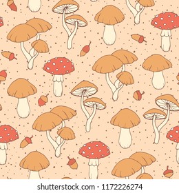 Vector autumn seamless pattern with amanita and cap mushrooms and acorns on the beige dotted background. Vintage ornament usable for wrapping paper, covers, textile, etc.